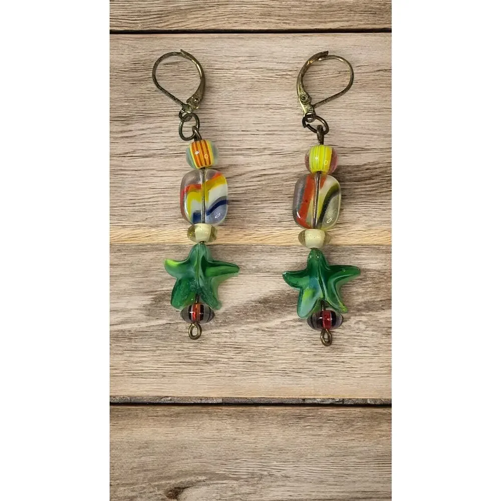 Art Glass Star Dangle Earrings Multicolor Lampwork Beaded Whimsical Artisan